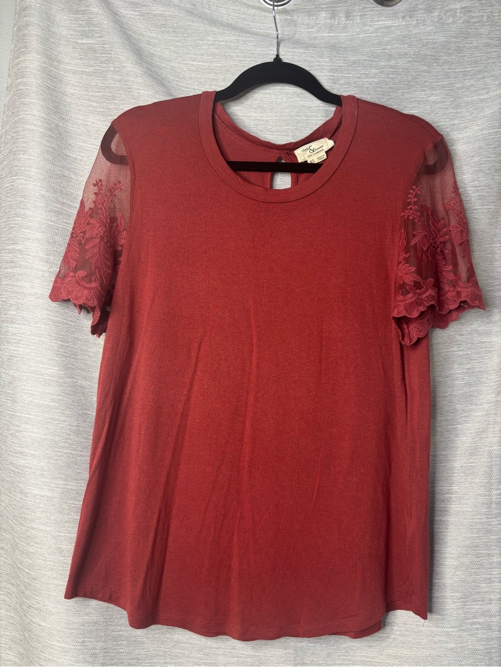 Embroidered Lace Sleeve Top in Rust Red